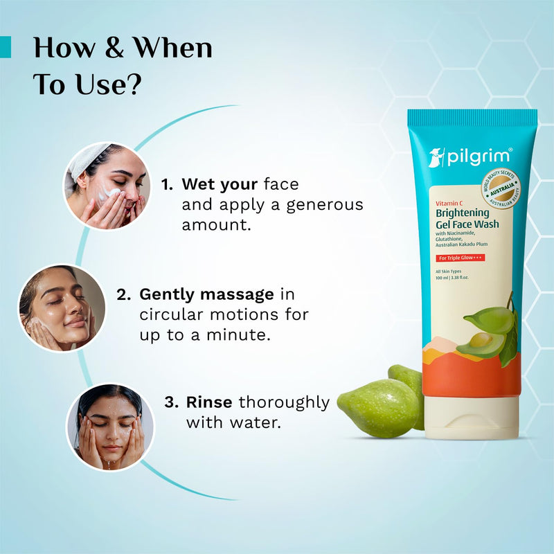 Pilgrim Vitamin C Gel Face Wash | Gentle Daily Cleanser with Kakadu Plum & Lime Pearl | Exfoliates, Unclogs Pores & Removes Impurities | Controls Oil & Reduces Blemishes | 3.38 Fl Oz (100ml)