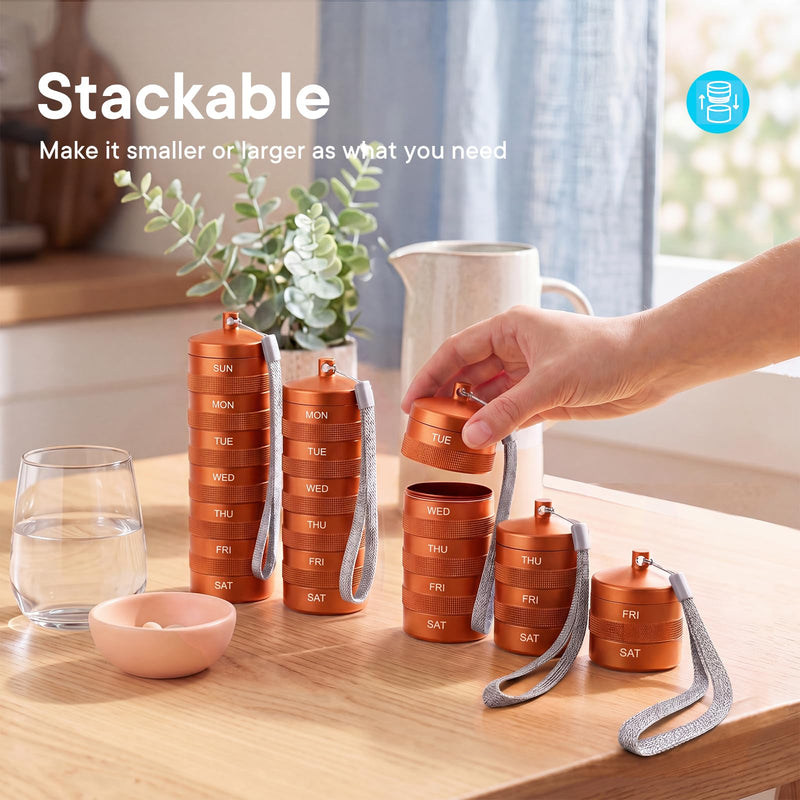 Weekly Metal Pill Organizer 2 Times a Day, Waterproof Travel Pill Case | Aluminum Alloy AM PM Pill Organizer, BPA Free 7 Day Daily Medicine Organizer Holder for Vitamin, Fish Oil, Supplement Orange