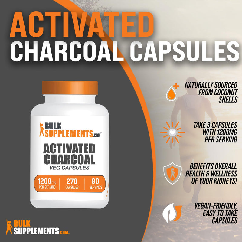 [Australia] - BulkSupplements.com Activated Charcoal Capsules - Coconut Charcoal, Activated Charcoal for Kidney Support, Activated Charcoal Pills - Vegan, 3 Capsules per Serving (1200mg), 270 Veg Capsules 