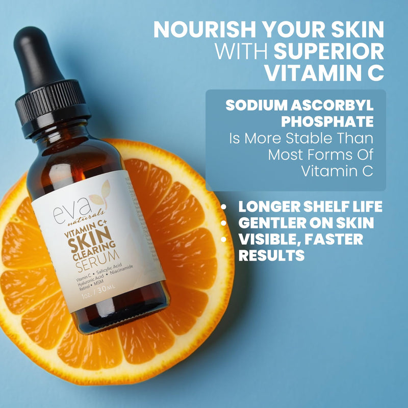 Eva Naturals Vitamin C Serum, Retinol, Salicylic Acid & Niacinamide, Acne | Hyaluronic acid, msm, dark spots, blemishes, spot treatment, skin clearing, anti-aging 1 Fl Oz (Pack of 1)