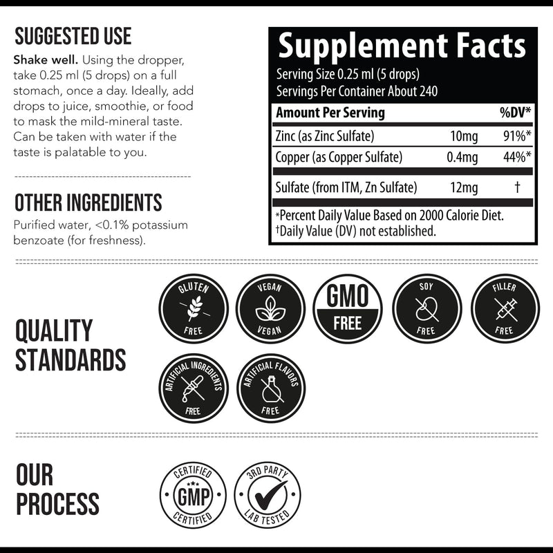 [Australia] - Ionic Zinc Plus Copper Liquid Concentrate 240 Servings, Glass Bottle, Vegan - Balanced Ratio of Zinc Copper - Supports Immunity, Brain Thyroid (2 oz.) 