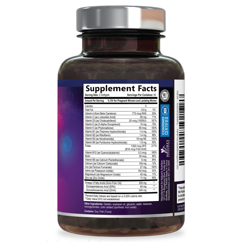 Prenatal Vitamins for Women with Folic Acid + Omega 3 DHA for Fetal Brain Development, Best Prenatal Vitamin Supplement, Daily Pregnancy Multivitamin Nutritional Support, Non-GMO - 120 Softgels 120 Count (Pack of 1)