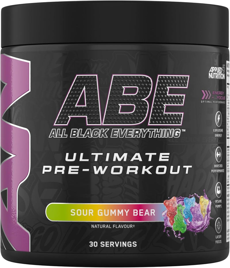 Applied Nutrition Bundle ABE Pre Workout 375g + Electric Shaker | All Black Everything Pre Workout Powder, Energy Drink, Physical Performance, Creatine, Beta Alanine, Caffeine (Sour Gummy Bear) Sour Gummy Bear