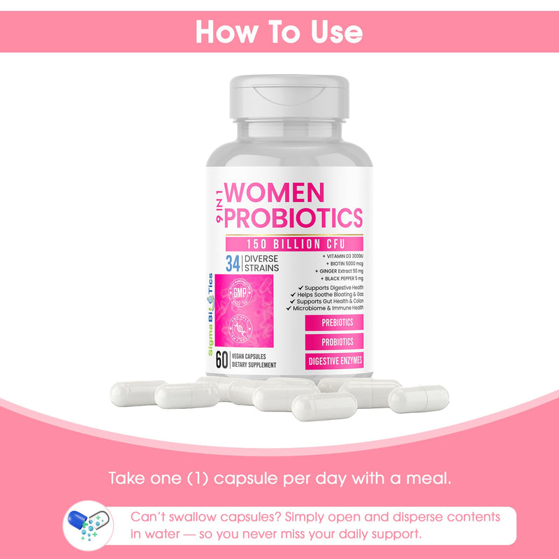 Women's Probiotics 150 Billion CFU – 34 Strains with Organic Prebiotics & Digestive Enzymes – Urinary Tract & Digestive Health – 60 Vegan Capsules with D3 and Biotin – Gluten-Free, Non-GMO, Dairy-Free WOMEN