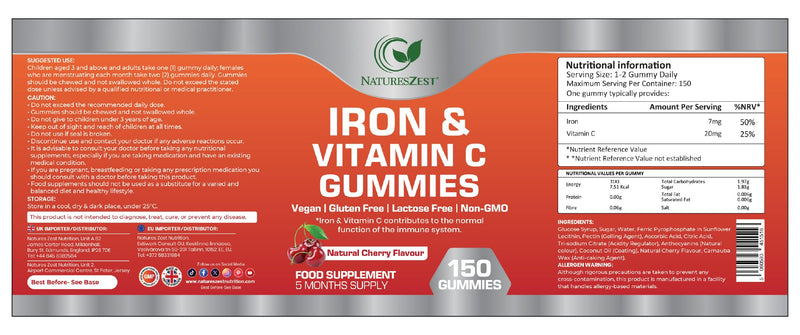 Iron & Vitamin C Gummies for Adults & Kids - 150 Chewable Gummies for Energy & Immune Support | Vegan Iron Supplement |Natural Cherry Flavour, Non-GMO -5 Month Supply - By Natures Zest