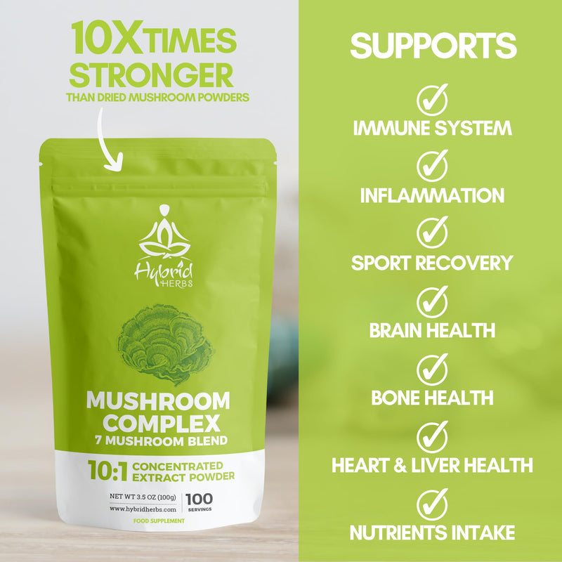Mushroom Complex Powder 100g - 7 Organic Mushroom Supplement 10:1 Extract | Lion's Mane, Reishi, Cordyceps, Chaga, Tremella, Shiitake, Maitake | Brain, Energy & Immunity | 100 Servings MUSHROOM COMPLEX