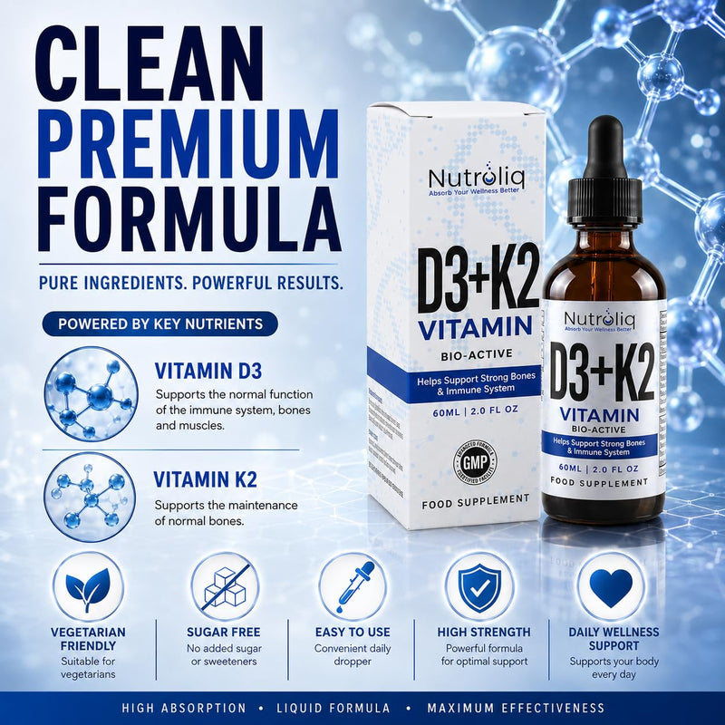 Nutroliq Vitamin D3 + K2 Liquid Drops - 4000IU Vit D3, 100mcg Vit K as MK7, MCT, Extra Virgin Olive Oil - For Immune & Bone Health, Better Energy, Calcium Absorption - Natural Peppermint Flavour, 60ml