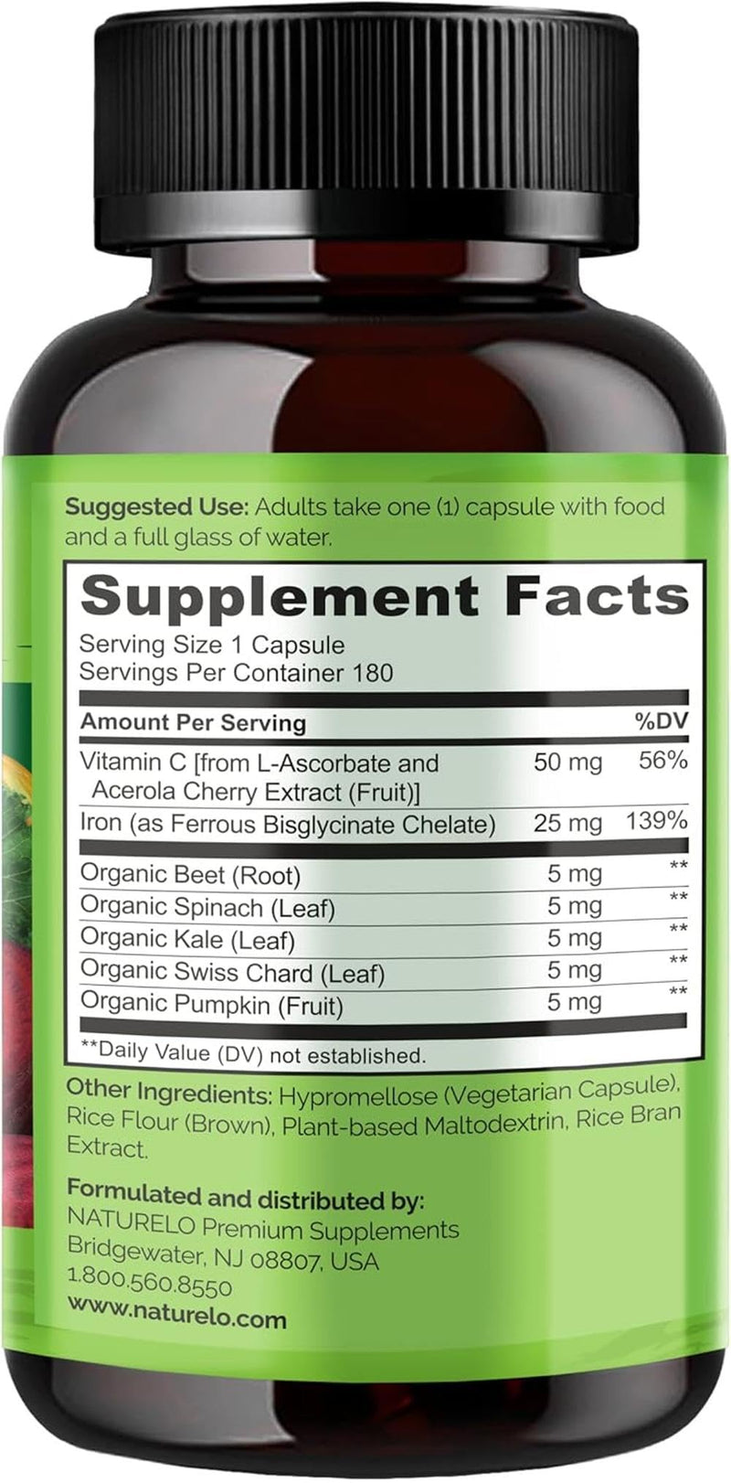 Iron Supplement Bisglycinate 25mg + Vitamin C | 180 Mini Vegan Capsules (6 Month Supply) | Gentle Iron for Women & Daily Use | Vegan Iron Capsules with Whole Food Blend | NATURELO 180 count (Pack of 1)