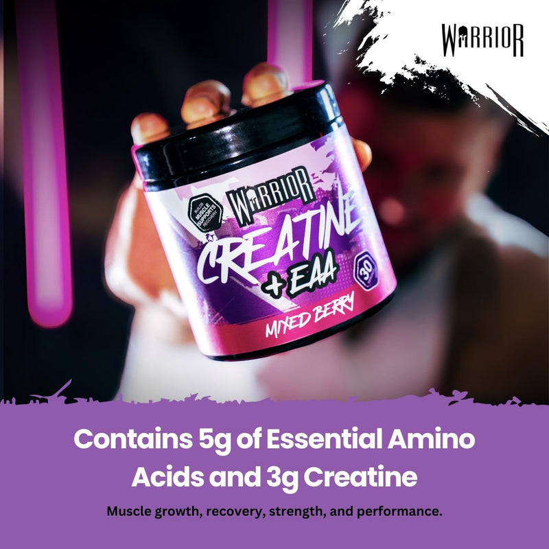 Warrior Creatine Monohydrate Powder + EAA 270g (30 Servings) – Pure Creatine with Essential Amino Acid Supplements for Muscle Recovery & Growth, Pre & Post Workout for Men & Women – Mixed Berry