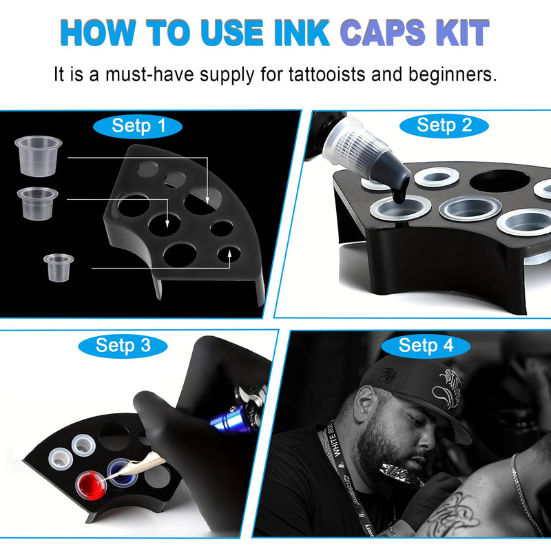 [Australia] - 303Pcs Tattoo Ink Caps Kit - Emalla 3Pcs Black Tattoo Ink Cups Holder with 300Pcs Tattoo Ink Caps 100 Small 100 Medium 100 Large Tattoo Ink Cups Tattoo Ink Container Tattoo Kit Tattoo Supplies 300pcs ink caps+3pcs holders 