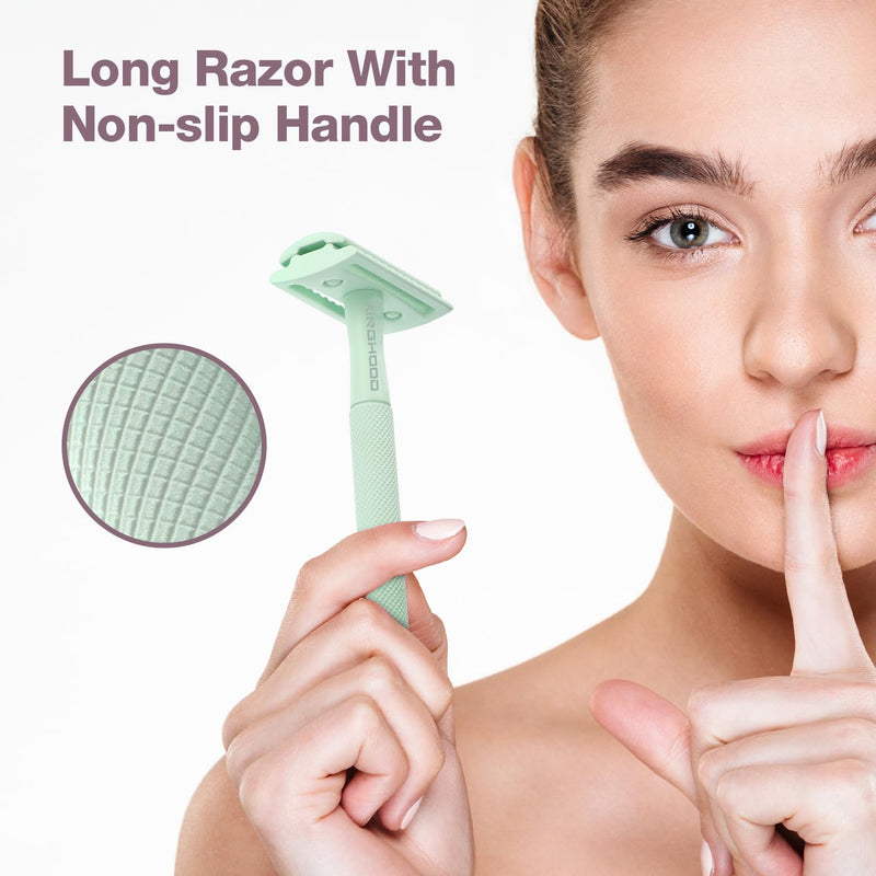 KINGHOOD Safety Razor for Women with 10 Double Edge Razor Blades, Single Blade Razors for Women and Men, Resuable razor, Plastic Free - Green Green a