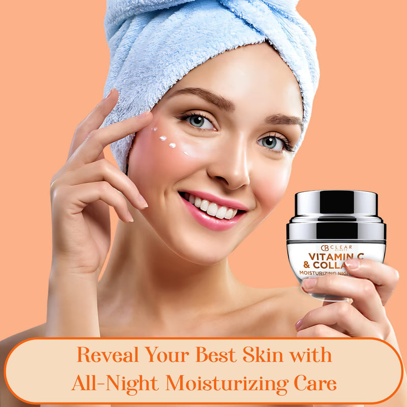 Clear Beauty Vitamin C & Collagen Face Moisturizer - Anti Aging Night Cream, Hydrates, Firms & Smooths Overnight - Dermatologist Tested, Korean Skin Care, Vegan, Clean Beauty - 1.69 Fl Oz