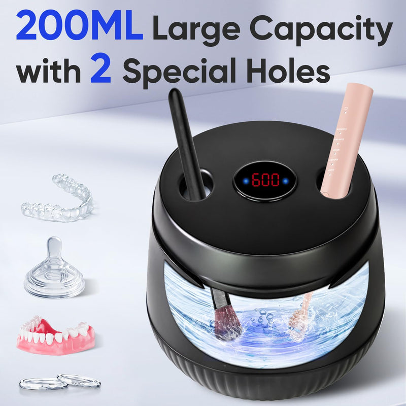 [Australia] - MySmile Ultrasonic Retainer Cleaner- 45kHz Denture Cleaner Machine with 200ML Capacity for Aligner, Mouth Guard, Braces, Portable Dental Cleaning Pod with 2 Mode Digital Timer for Home, Travel (BLACK) BLACK 