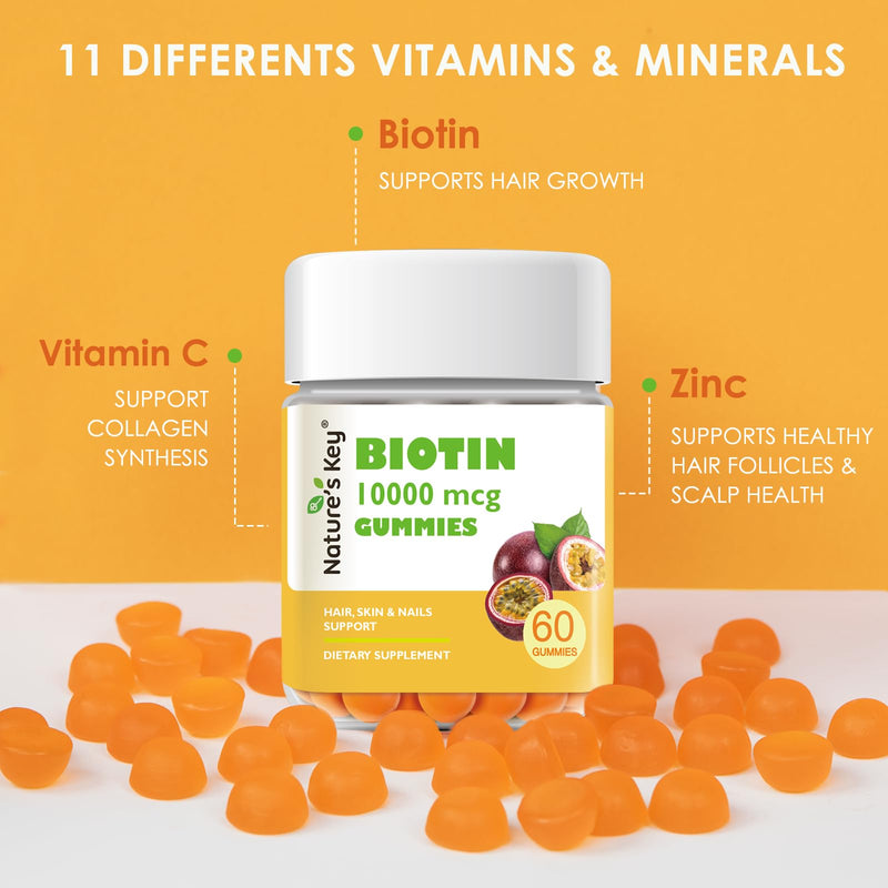 Nature's Key Biotin Gummies 10000mcg - Hair Growth & Nail Strength Supplement, Vegan, |Vitamins A B C D E|Folic Acid|Zinic for Women & Men Supports Healthy Hair Growth Supplement，60cts|30 Days