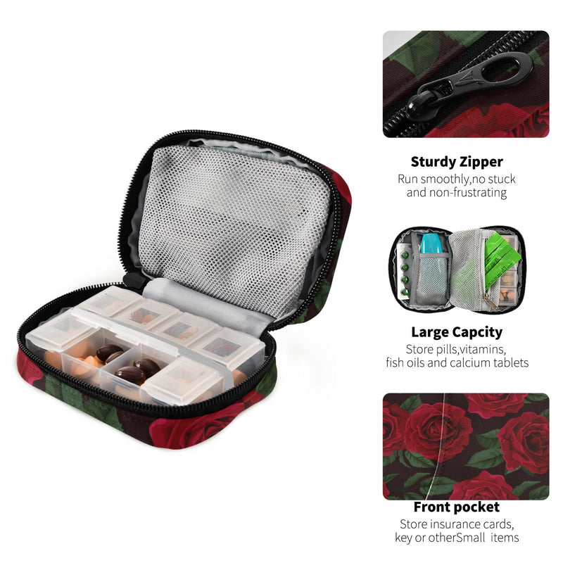 Rose Flower Pill Case 7-Day Travel Pill Organizer Box with Zipper Closure for Vitamins, Medication and Supplements