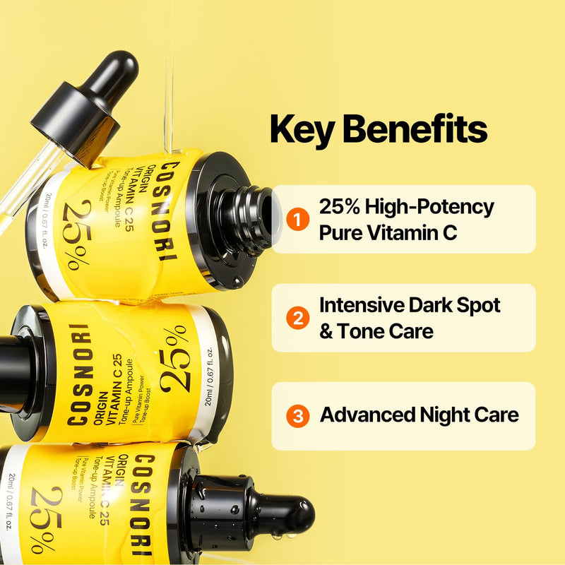 COSNORI Origin Vitamin C 25% Tone-Up Ampoule | High-Potency Vitamin C Serum for Dark Spots & Even Skin Tone, Intensive Night Serum for Firm & Smooth-Looking Skin, Low Irritation, Korean Skin Care Unscented COSNORI Origin Vitamin C 25% Tone-Up Ampoule