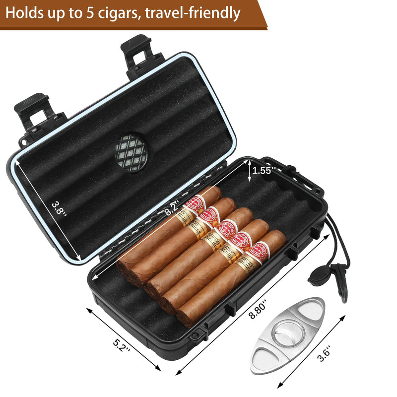 [Australia] - Flauno Travel Cigar Humidor Case - Portable Cigar Box with Humidifier Disc & Cigar Cutter | Waterproof | Crushproof | Airtight | Durable (Holds up to 5 Cigars) Holds up to 5 Cigars 