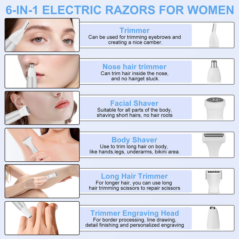 [Australia] - 6 in 1 Bikini Trimmer and Shaver Kit for Women, Wet/Dry Electric Body Hair Trimmer Facial Hair Removal Cordless Waterproof Bikini Shaver Razor for Face Nose Eyebrow Arm Leg Pubic Armpit Bikini 