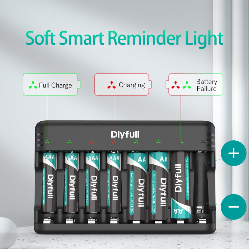 [Australia] - Dlyfull 8 Bay AA AAA Battery Charger with USB-C High-Speed Charging, Independent Slot for 1.2V Ni-MH Ni-CD Rechargeable Batteries, Cable Included 