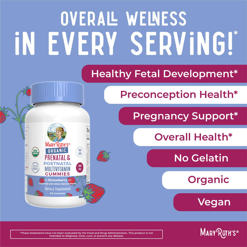 MARYRUTH'S Organics Prenatal Postnatal Multivitamin Gummies (Strawberry) & Women's | USDA Organic | Vitamins for Breastfeeding, Beauty, & Immunity | Vegan, No Gelatin