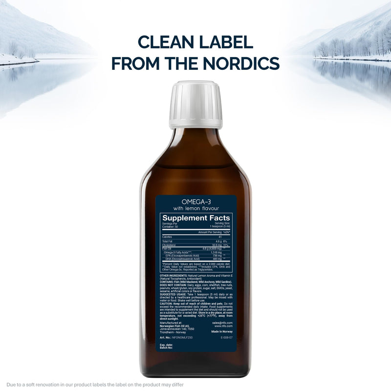 NFO Omega 3 Oil Lemon 250 ml – High Strength Liquid Fish Oil from Norway – Triglyceride Form with EPA DHA – Natural Lemon Taste – with Vitamin E
