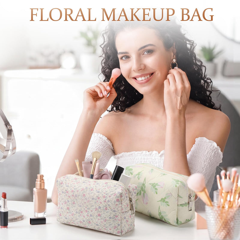 Paterr 12 Pcs Quilted Makeup Bags Bulk, Cotton Floral Cosmetic Bags, Aesthetic Makeup Pouch, Travel Toiletry Bag, Quilted Pencil Pouch, Floral Emergency Bag with Zipper for Women Bridesmaid Gifts