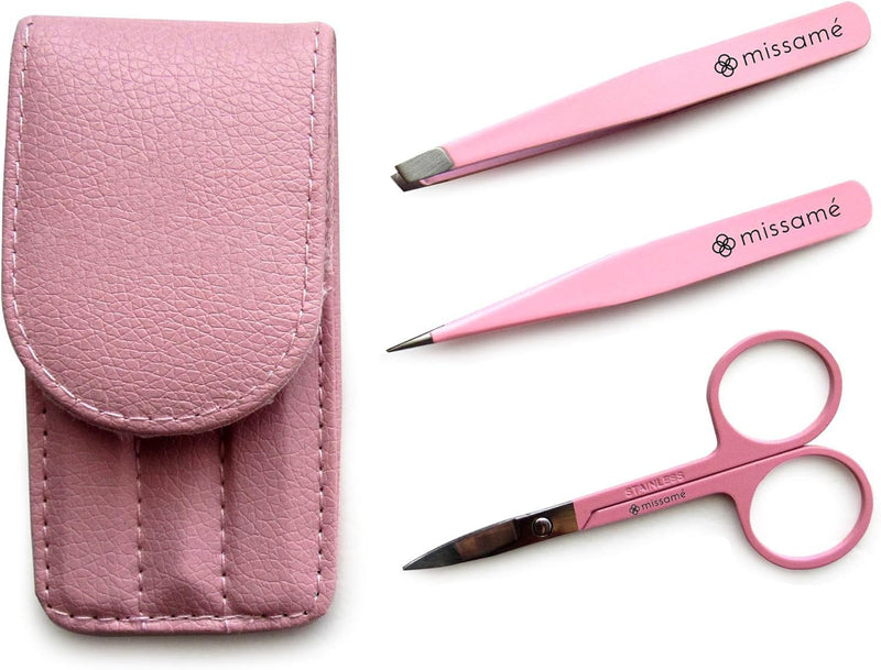 Precision Stainless Steel Eyebrow Tweezers Set In Pointed And Slanted Tip, Curved Brow Scissors, Comes With Pink Travel Case