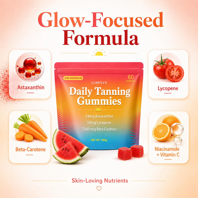 Lumivyx Tanning Gummies, Sun Tanning Gummies for Women and Men with Beta Carotene, Astaxanthin, Lycopene, Vitamin C, D3 and Zinc, Sour Watermelon Vegan Gummies, 60 Count