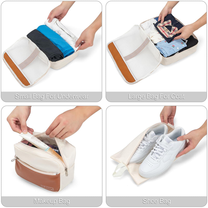 Structured PU Leather Mesh Packing Cubes with Metal Zippers, Breathable Travel Organizer Bags to Separate Dirty Shoes and Prevent Collapsing, Vacation Essentials, 6 Piece Set Fits 20-28 in Suitcases