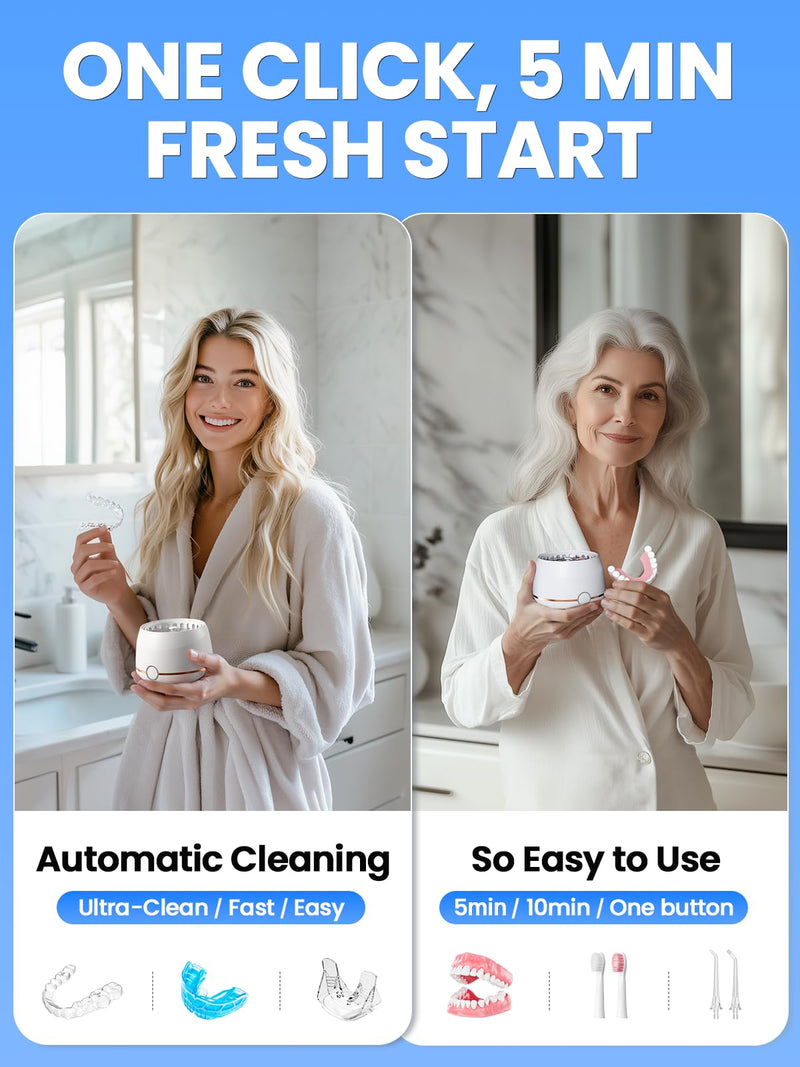 [Australia] - Dental Ultrasonic Retainer Cleaner Machine: Nicwell 200ML Denture Cleaner, Deep Cleaning Mouth Guard Cleaner, Aligner Cleaner, NightGuard Cleaner with Protection Design for Braces, Oral Dental & Tray White 