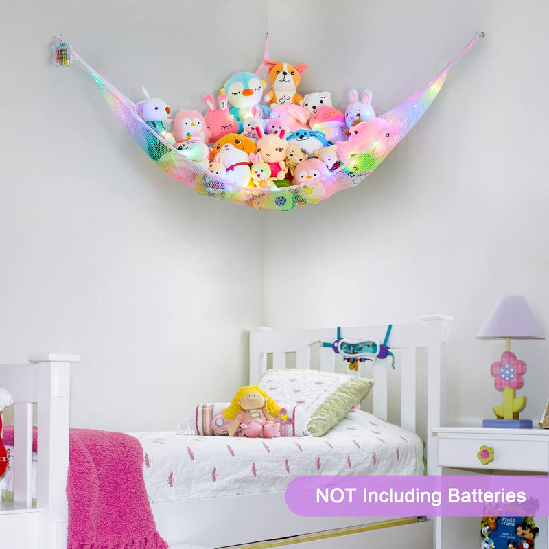 [Australia] - Stuffed Animals Hammock Kids Toy Storage with LED Light Unicorn Castle Plush Toy Organizer Corner Hanging Stuffed Animals Holder for Nursery Kids Girls Room Decor Rainbow 