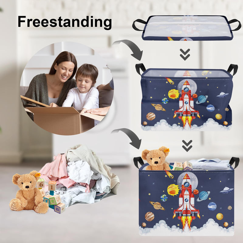 [Australia] - Clastyle Space Rocket Launch Storage Basket Boy Pool Beach Towel Bin Blue Planets Toy Book Shelf Basket Meteorit Rectangle Gift Clothes Cube 40*30*30 cm 