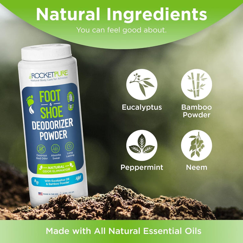 Rocket Pure Natural Foot and Shoe Deodorizer Powder, Deodorant and Odor Eliminator for Men and Women, Smell Remover, Formulated with Essential Oils, Made in the USA, Eucalyptus, 4 oz, (Pack of 2) 4 Ounce (Pack of 2)