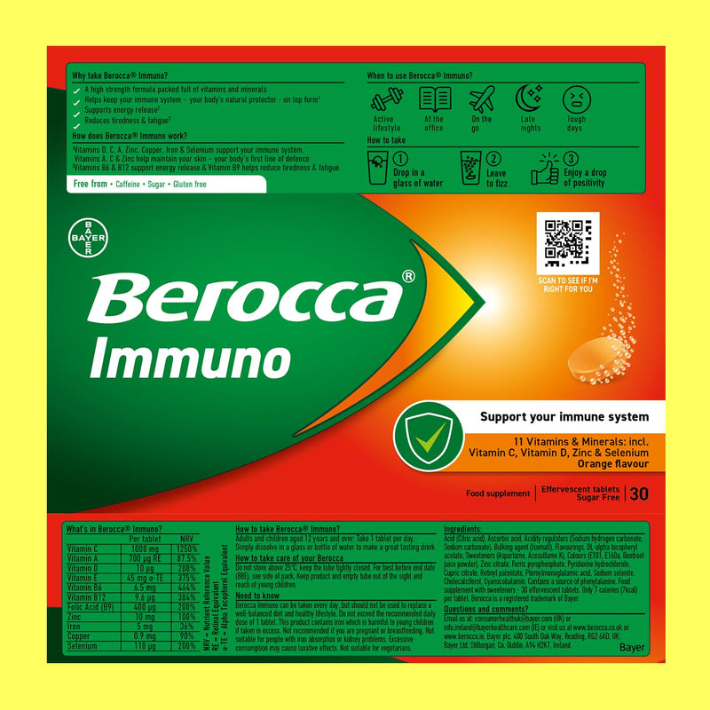 Berocca Immuno Effervescent Tablets, 11 Vitamins and Minerals, Including Vitamins D, C, A, B9, Zinc and Iron to Help Support Your Immune System and B6 and B12 Support Energy Release, Green, 30 Tablets