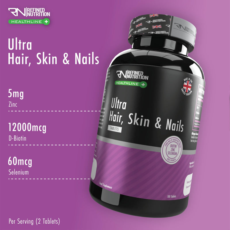 Refined Nutrition Ultra Biotin Tablets 12,000mcg – High Strength Hair Skin and Nails Supplement with Zinc & Selenium – 180 Vegan Tablets (90 Day Supply) – Made in the UK – Halal Certified