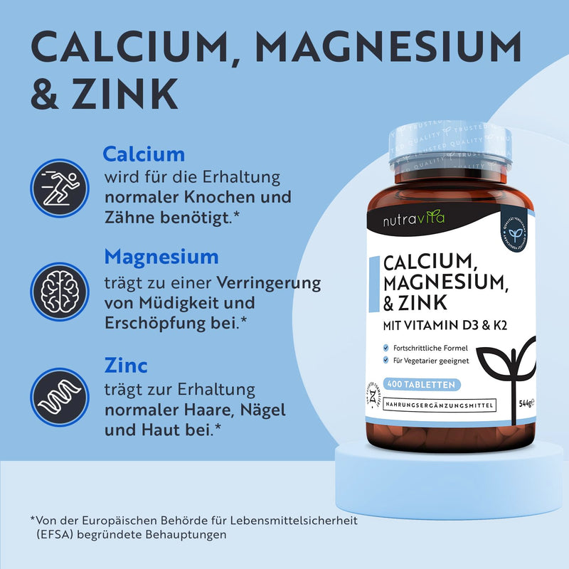 [Australia] - Calcium Magnesium Zinc - 400 high-dose vegetarian tablets (6 months) - Magnesium oxide with vitamin D3, K2, selenium, manganese - Complex with 600 mg calcium per daily dose - Bones + Muscles - Nutravita 