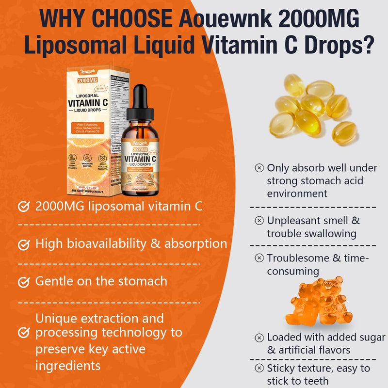 1 Pack Liquid Vitamin C Drops 2000mg, 11-in-1 Liposomal Vitamin C Complex | Support Antioxidant, Skin & Immunity| for Women & Men| with Rose Hips, Echinacea, Citrus Bioflavonoids, Zinc & Vitamin D3 2 Fl Oz (Pack of 1)
