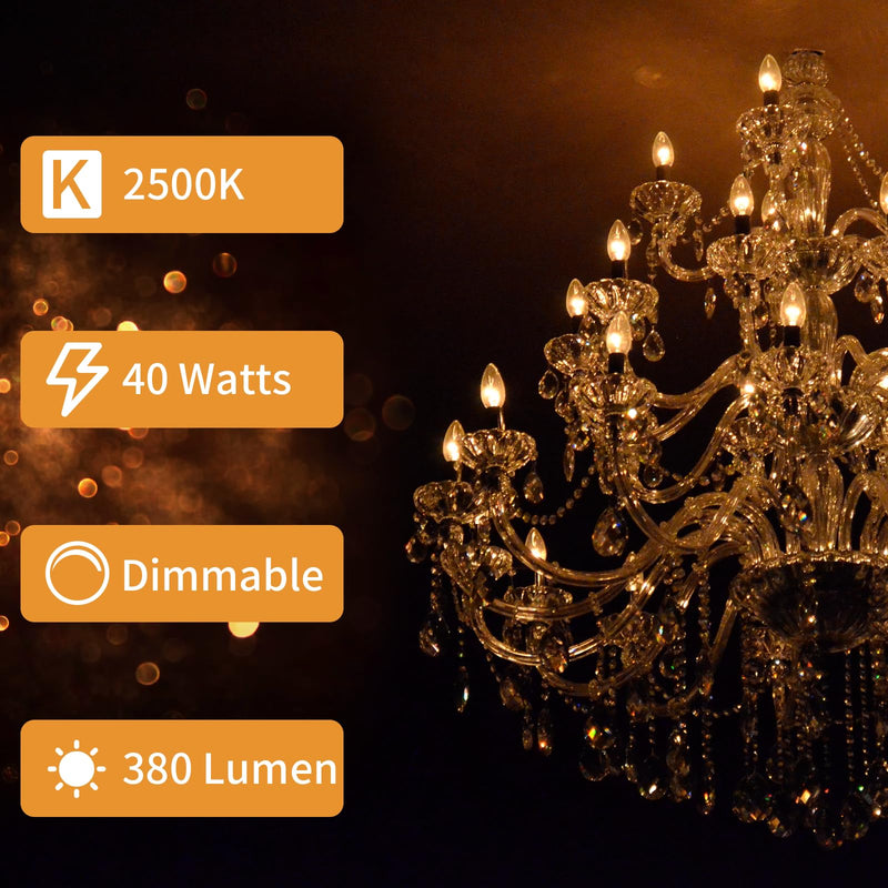 [Australia] - 12-Pack E12 Candle Light Bulbs 40W Warm White 2500K, 380 Lumen Dimmable Chandelier Light Bulbs for Ceiling Fan, Pendants or Outdoor, B10 Clear Candelabra Base Bulbs 40W-12Pack 