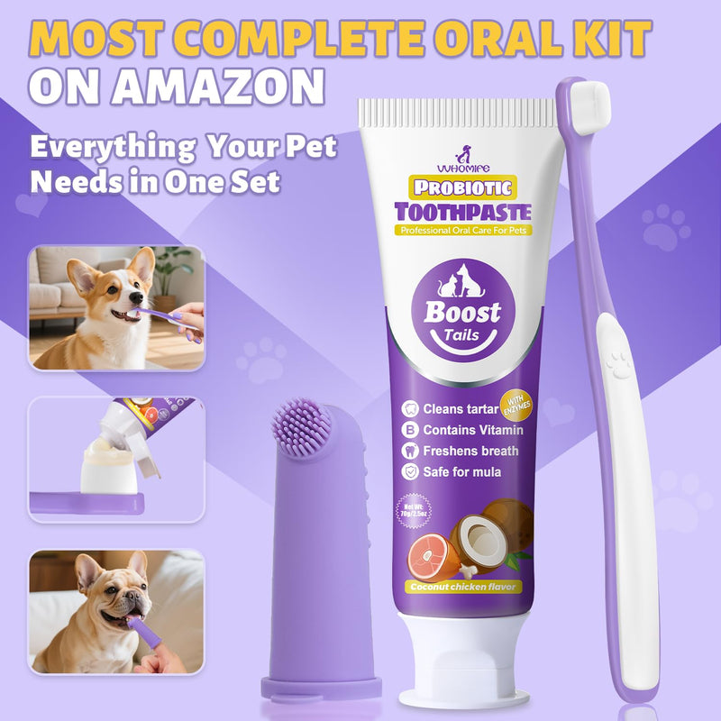 Vet Recommended Small Dog Teeth Brushing Kit - Soft Brush and Finger Brush removes 99% of Plaque, Natural Coconut Chicken-Flavored Toothpaste 2.5 oz. for Fresh Breath 2.5oz-Coconut Chicken