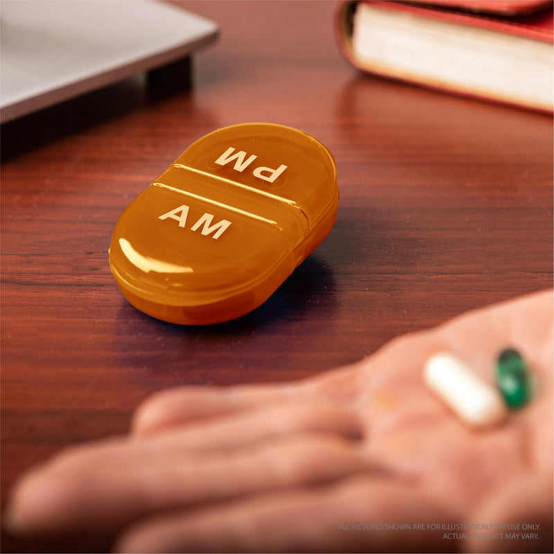 Deke Home - Pill Organizer AM PM, 2 Compartment Pill Box for Pocket or Purse, Small Daily Medicine Case, Travel Pill Holder, Easy Open Pill Container for Seniors, Vitamins & Supplements (Orang) Orange