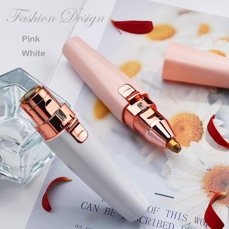 [Australia] - Eyebrow Facial Trimmer for Women - 2 in 1 Rechargeable Face Eye Brow Shaver - Face Remover Peach Fuzz Painless Facial Removal Built-in LED Light for Lips Arm Nose Hair Bikini Line Body (Pink) White 