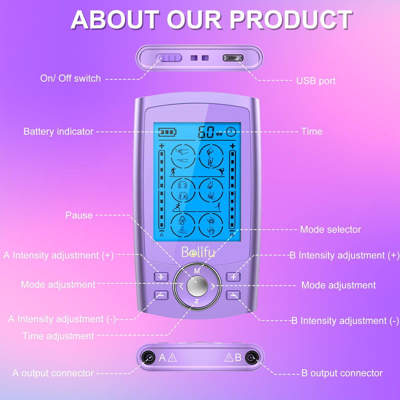 Belfiu TENS & PMS 24 Modes Muscle Stimulator for Pain Relief Therapy, Electronic Pulse Massager Muscle Massager with 10 Pads, Dust-Proof Drawstring Storage Bag, Fastening Cable Ties Purple