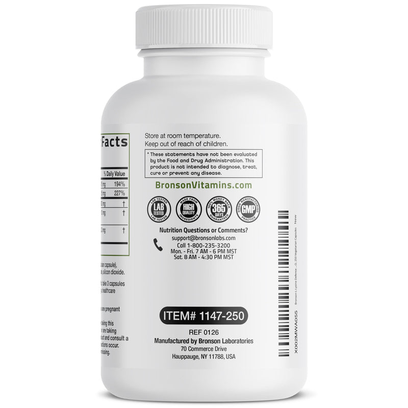 Bronson L-Lysine Defense Immune Support Complex, 1500 mg, 250 Capsules | Essential Amino Acid with Olive Leaf, Garlic, Vitamin C & Zinc, Vegetarian, Non-GMO, Gluten-Free & Soy-Free 250 Count (Pack of 1)