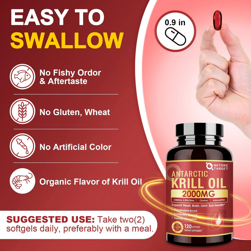 [Australia] - NATURE TARGET Krill Oil 2000 mg with Omega-3 EPA & DHA with Astaxanthin Supplement, Choline - Supports Heart, Brain, Join, Eye Health, Non-GMO, Gluten Free, 120 Softgels (60 Servings) 120 Count (Pack of 1) 