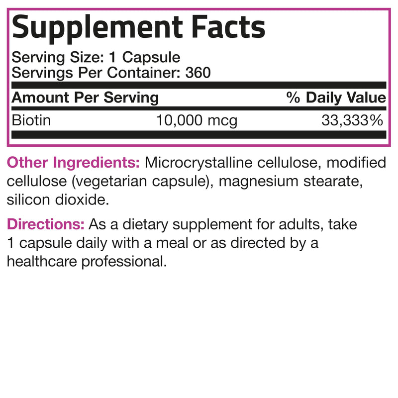 Bronson Ultra Biotin 10,000 mcg Hair, Skin & Nails, 120 Vegetarian Capsules | Once-Daily, Energy Metabolism Support, Non-GMO, Gluten-Free & Soy-Free 360 Count (Pack of 1)