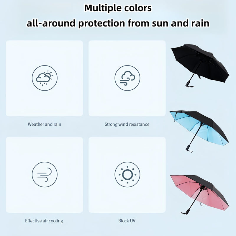 2-in-1 USB Rechargeable Cooling Umbrella with Built-In Fan | UV Sun Protection & Portable Design for Outdoor Activities Black