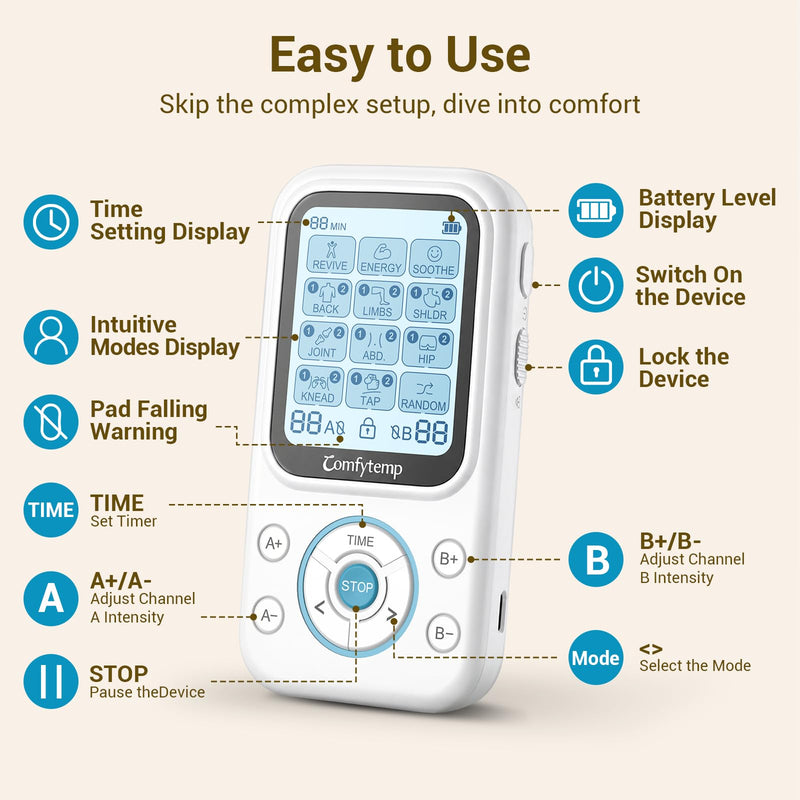 Comfytemp TENS Unit with Specialized Pads for Lower Back & Neck Shoulder Pain Relief, Easy-to-Use TENS Unit Muscle Stimulator with Large Display, Portable Dual Channel TENS Machine with Carrying Case