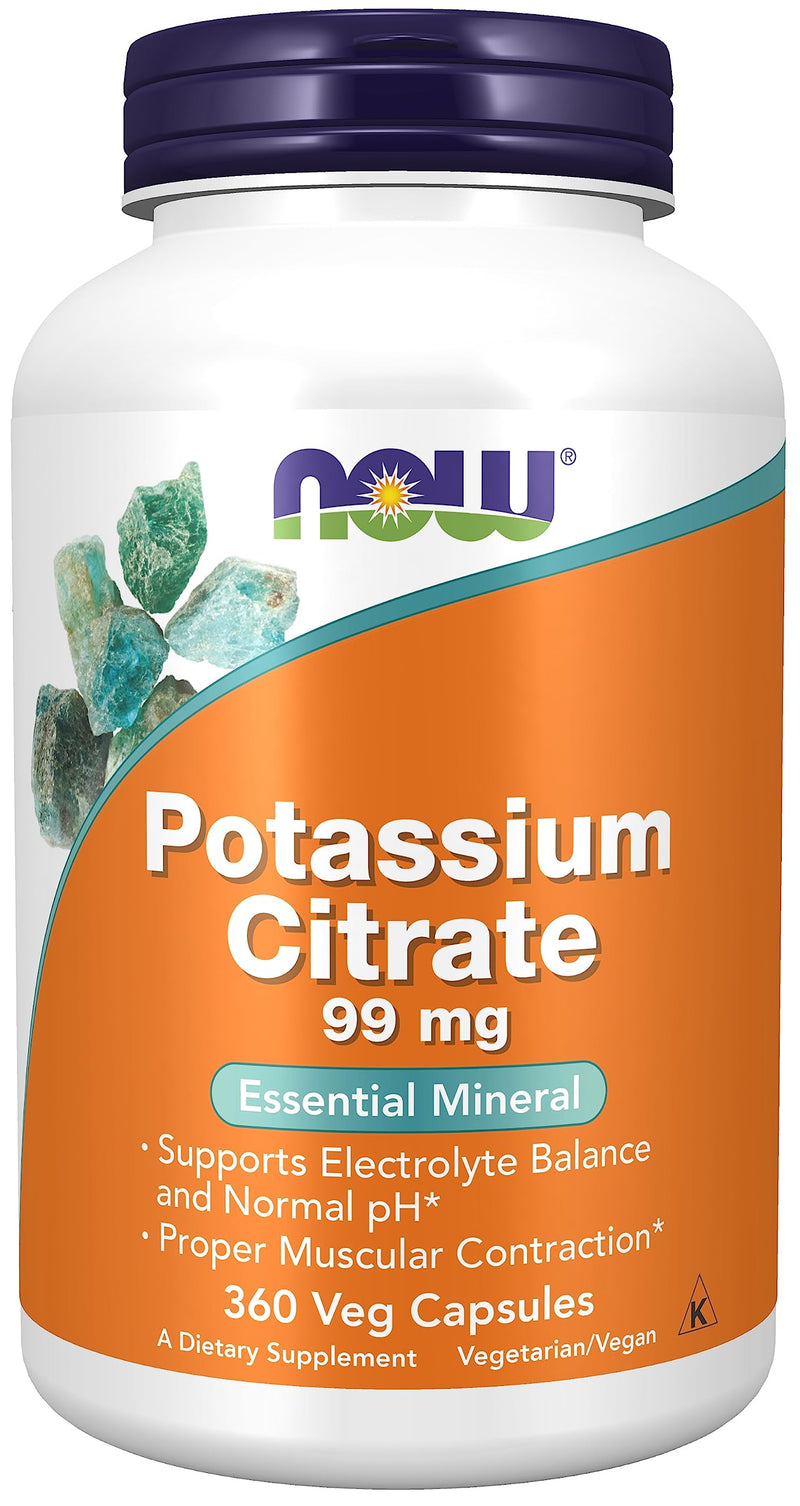 NOW Foods, Potassium Citrate 99 mg, Supports Electrolyte Balance and Normal pH*, Essential Mineral, 360 Veg Capsules Unflavored 360 Count (Pack of 1)