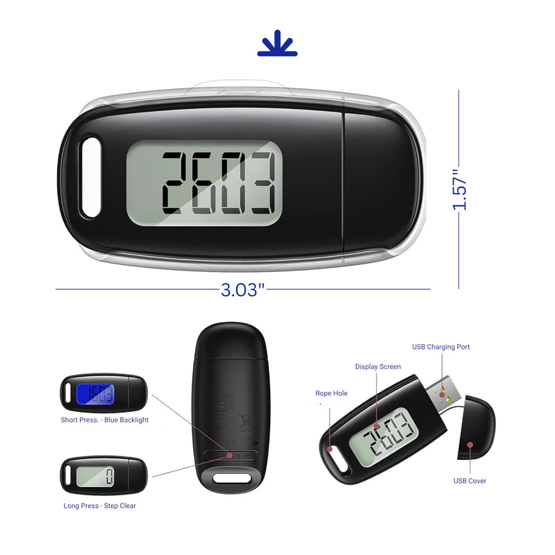 [Australia] - Aeon Rechargeable 3D Pedometer with Step Counter ‚Äì Silent Motion Sensor, Large LCD Backlight Display, USB Charging, Belt Clip & Lanyard - Accurate Fitness Tracker 