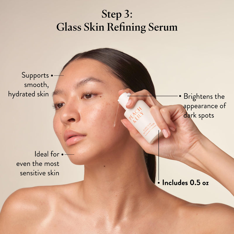 [Australia] - Peach & Lily - Glass Skin Discovery Kit (4 Products) - 1 Cleanser, 1 Essence, 1 Serum & 1 Cream - Skin Care Set - Acne Routine - Travel Essentials - Self Care - Vegan & Cruelty Free - Korean Beauty 